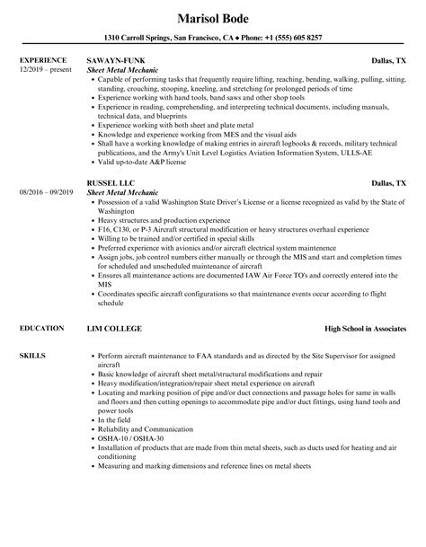 sheet metal resume sample|sheet metal mechanic resume.